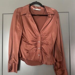 ZARA Satin Ruched Button-Up Blouse - Copper Brown (Size M)